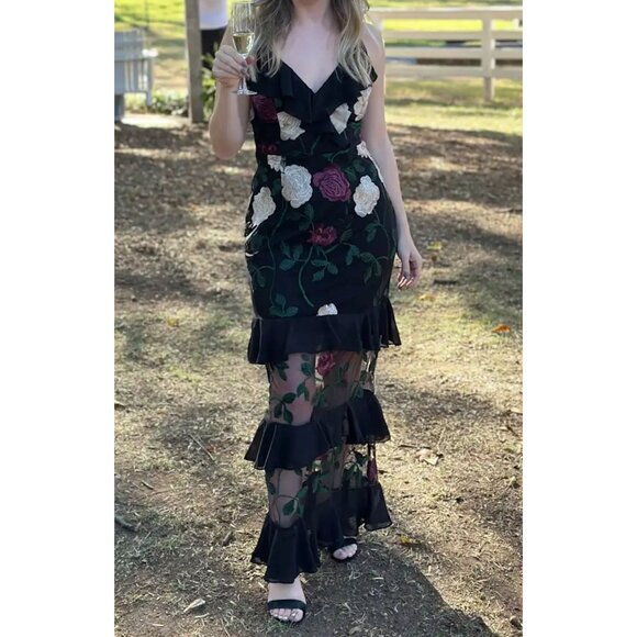 Lulus True to Heart Floral Embroidered Sheer Maxi Dress Black Tiered Ruffle Sm - Picture 7 of 16